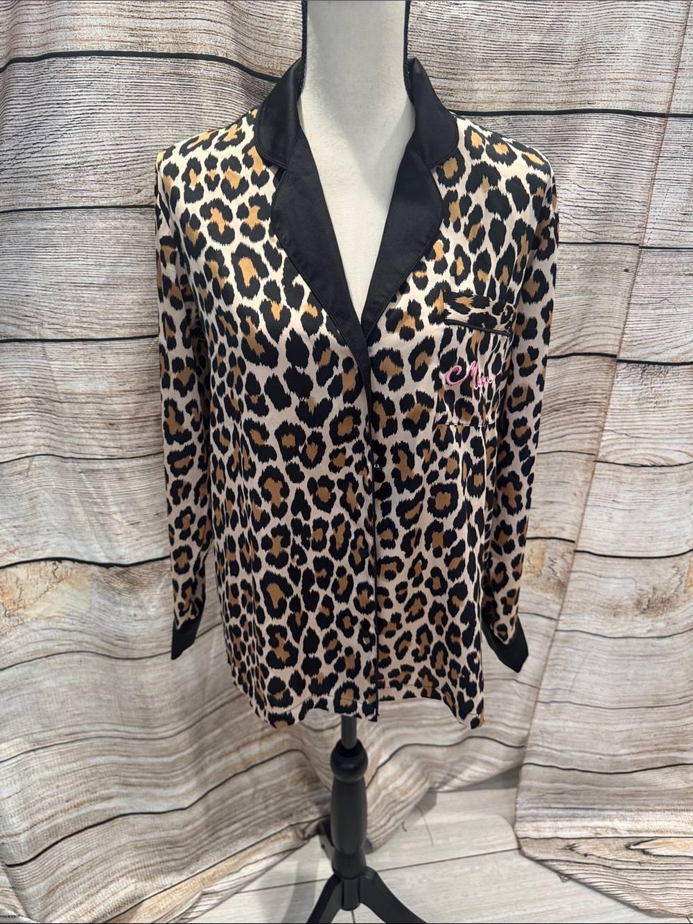 kate spade Leopard Print Satin Pajama Top with Black Trim